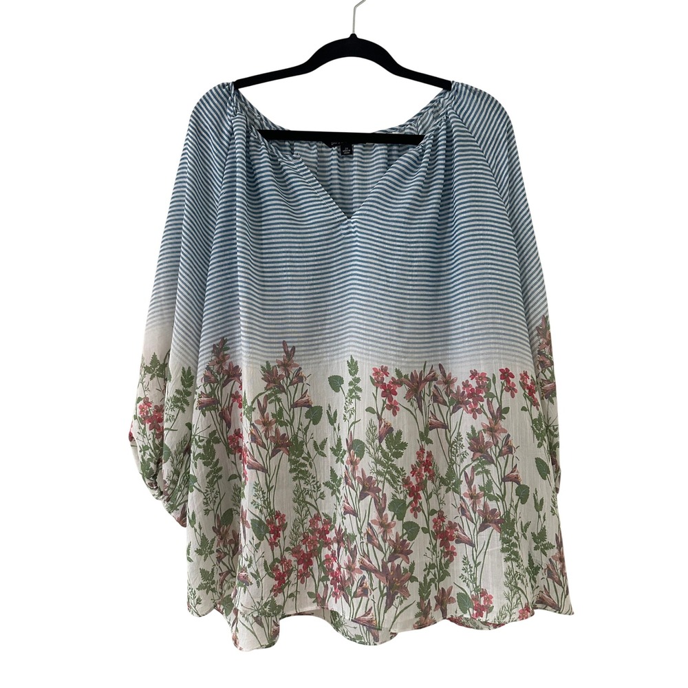 Zac & Rachel Womans Floral Striped V-Neck Bubble Sleeve 2X Top Garden Church